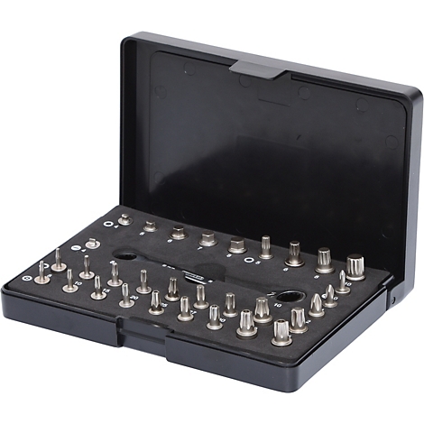 Schwarzer Werkzeugkasten, geöffnet, mit verschiedenen Schraubendreher Bits.